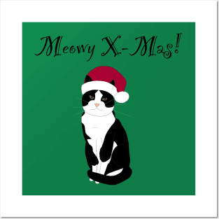 Meowy X-mas santa hat - tuxedo Posters and Art